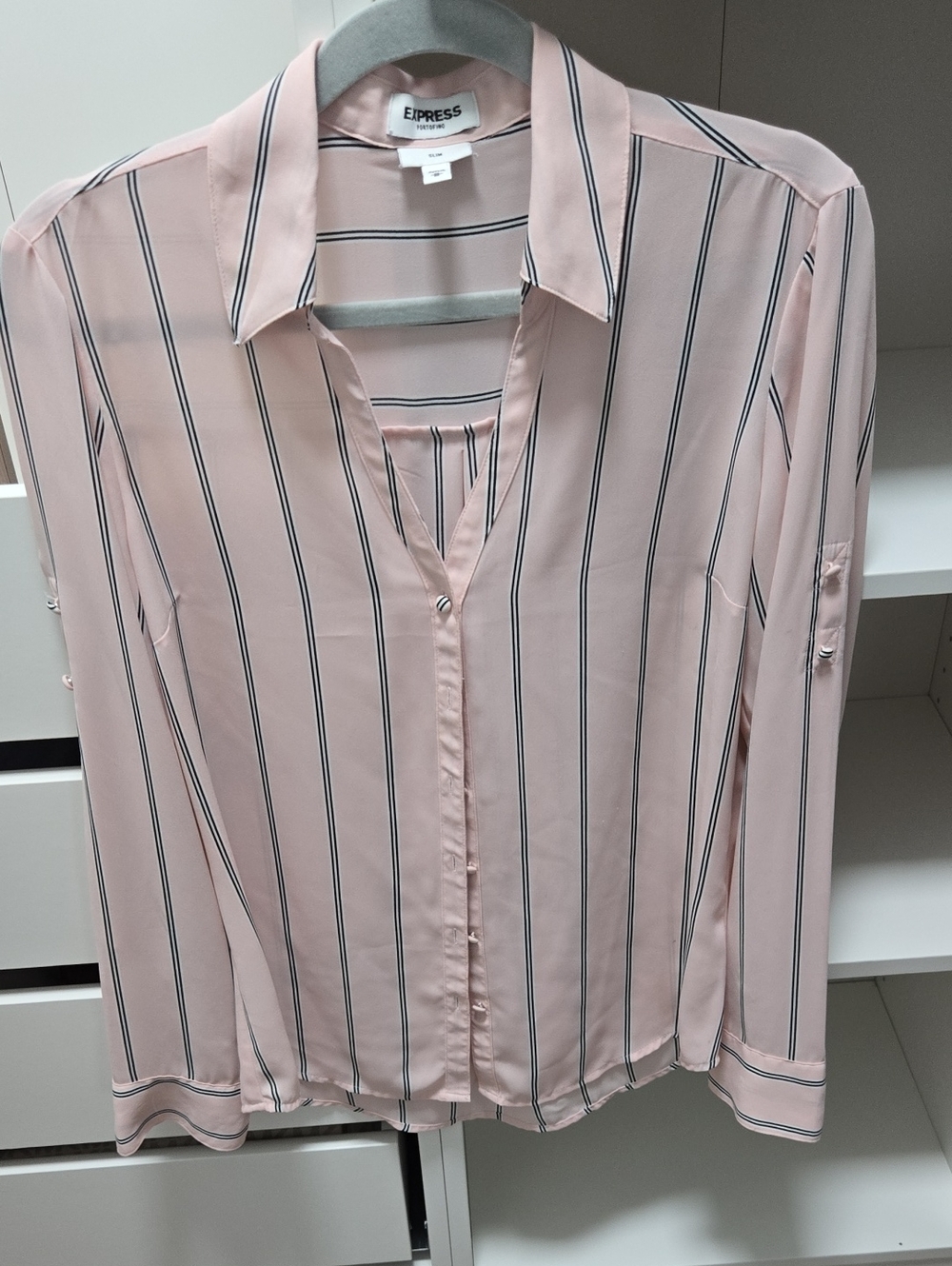 Express Pink Vertical-Strip Button Down Blouse